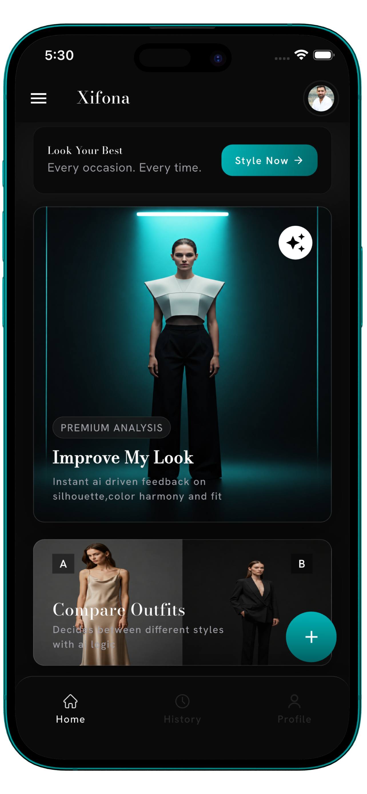 Xifona app home screen with Improve My Look premium analysis and Compare Outfits tools
